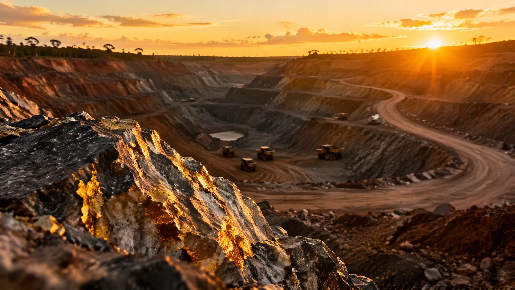 Large open pit gold mine in Ghana with visible gold mineralization in foreground rocks at sunset